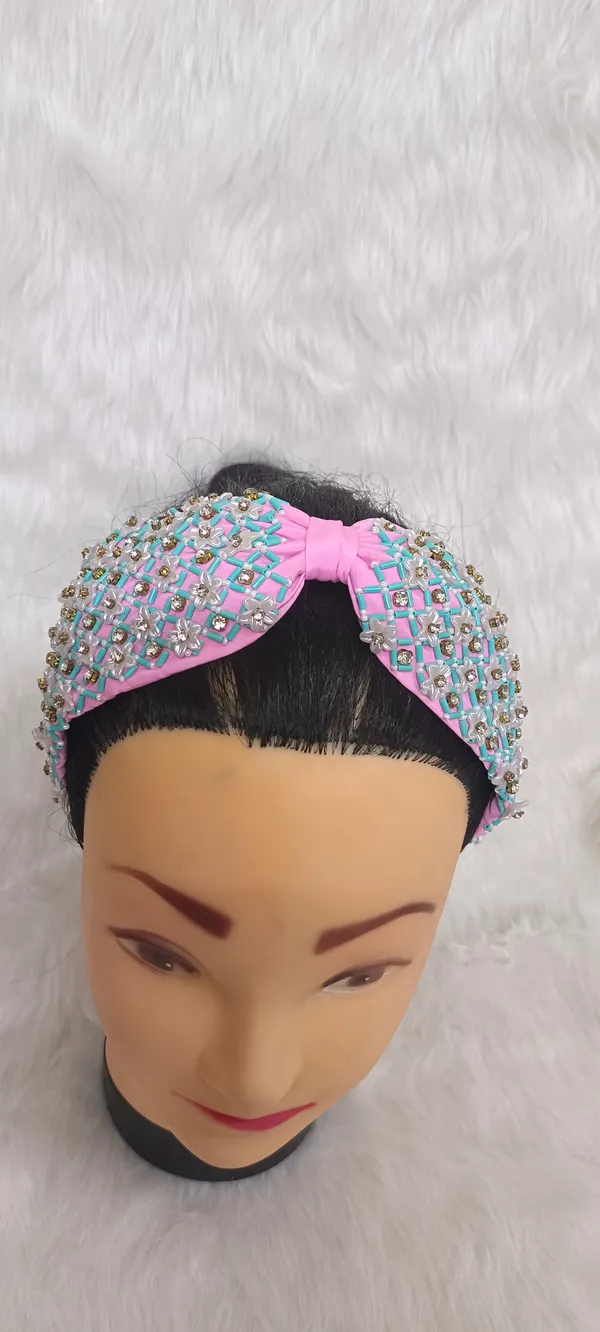Pink_Satin_Beaded_Bow_Hairband_For_Women