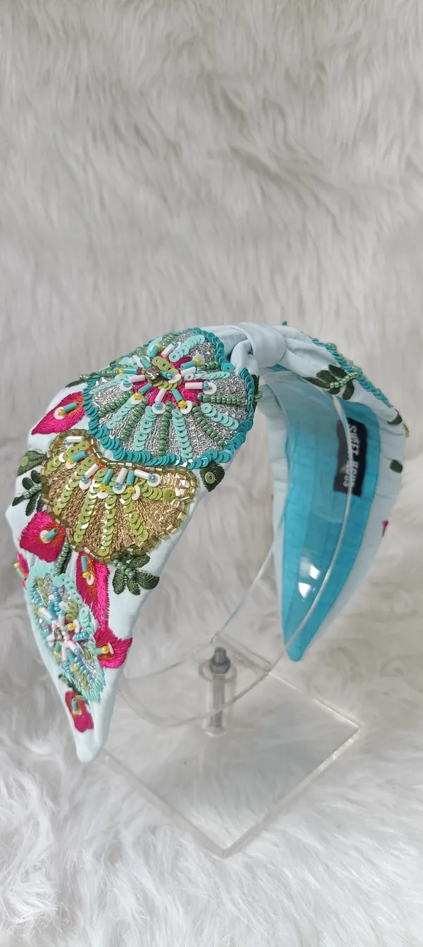 Sky_Blue_Cotton_Sequin_Floral_Embroidered_Knot_Headband_For_Women