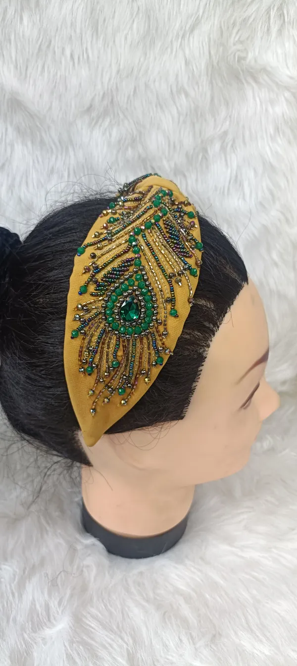 Yellow_Cotton_Beaded_Peacock_Feather_Headband_For_Women