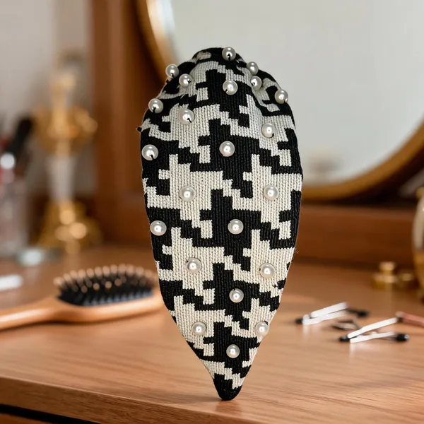 Black_White_Houndstooth_Polyester_Pearl_Knot_Headband_For_Women