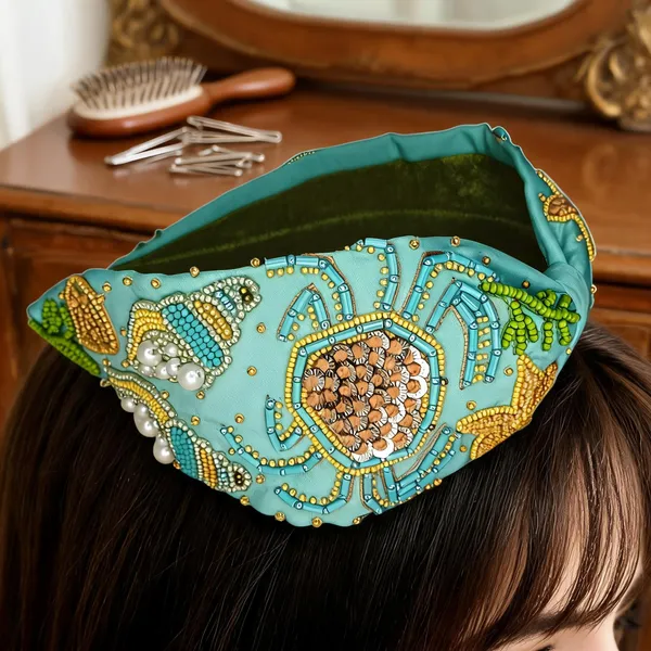 Turquoise_Beaded_Satin_Sea_Motif_Embroidered_Knot_Headband_For_Women