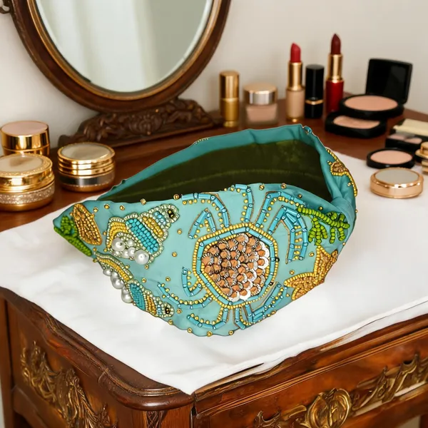 Turquoise_Beaded_Satin_Sea_Motif_Embroidered_Knot_Headband_For_Women