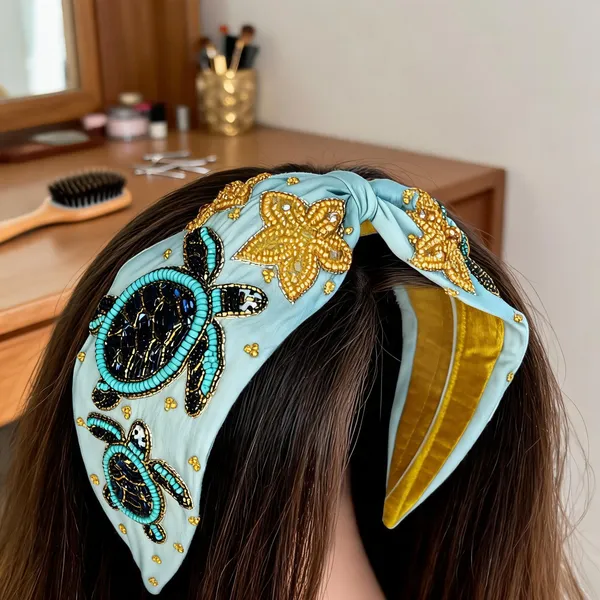 Turquoise_Cotton_Beaded_Turtle_Knot_Headband_For_Women