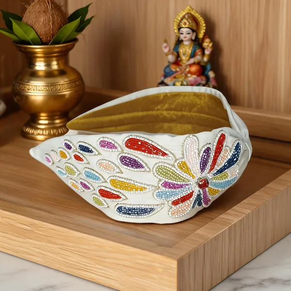 White_Beaded_Floral_Embroidered_Leaf_Shape_Pooja_Thali