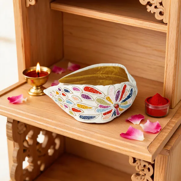 White_Beaded_Floral_Embroidered_Leaf_Shape_Pooja_Thali