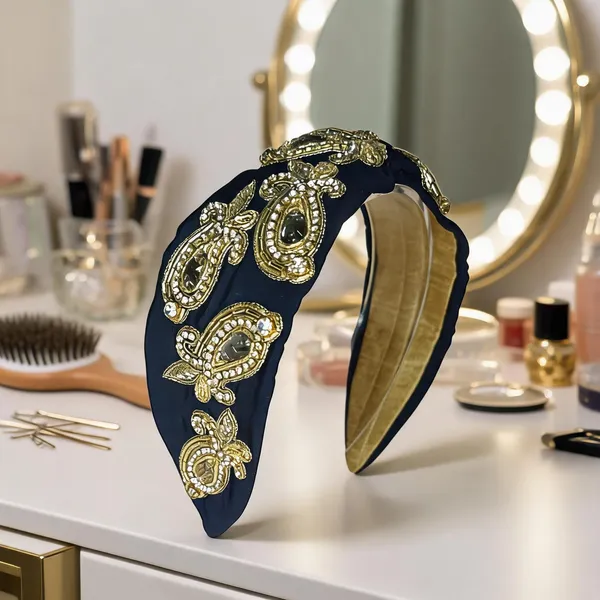 Navy_Blue_Velvet_Gold_Zari_Embroidered_Padded_Headband_For_Women