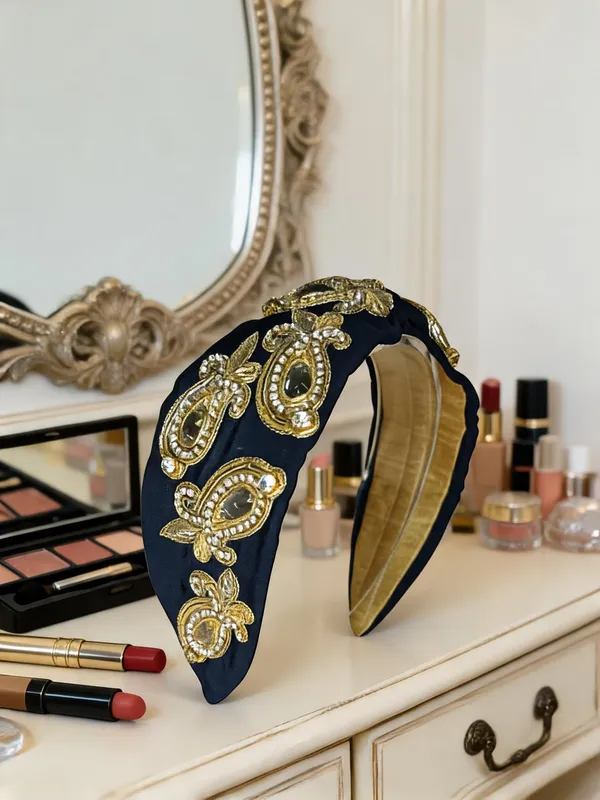 Navy_Blue_Velvet_Gold_Zari_Embroidered_Padded_Headband_For_Women