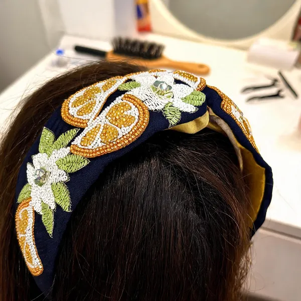 Navy_Cotton_Beaded_Citrus_Embroidered_Padded_Headband_For_Women