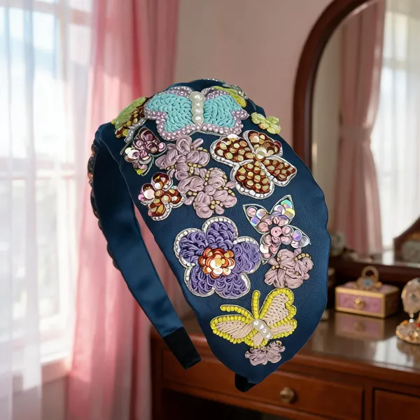 Navy_Satin_Embroidered_Floral_Butterfly_Hairband_For_Women