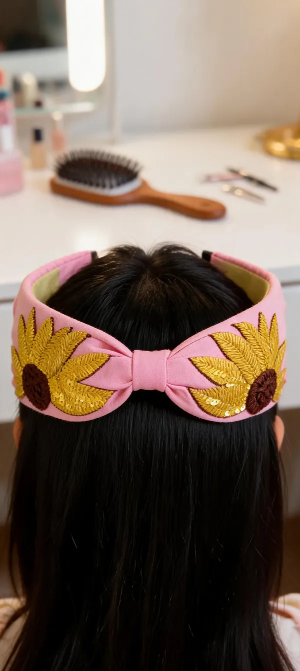 Pink_Cotton_Sunflower_Embroidered_Knot_Headband_For_Women