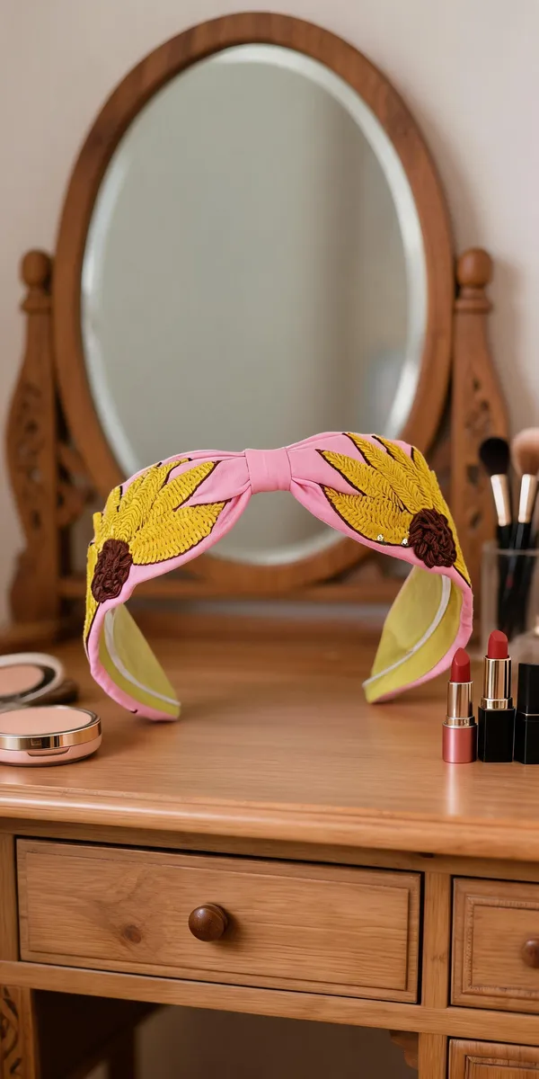 Pink_Cotton_Sunflower_Embroidered_Knot_Headband_For_Women
