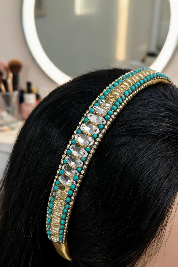 Turquoise_Beaded_Satin_Crystal_Embellished_Hairband_For_Women