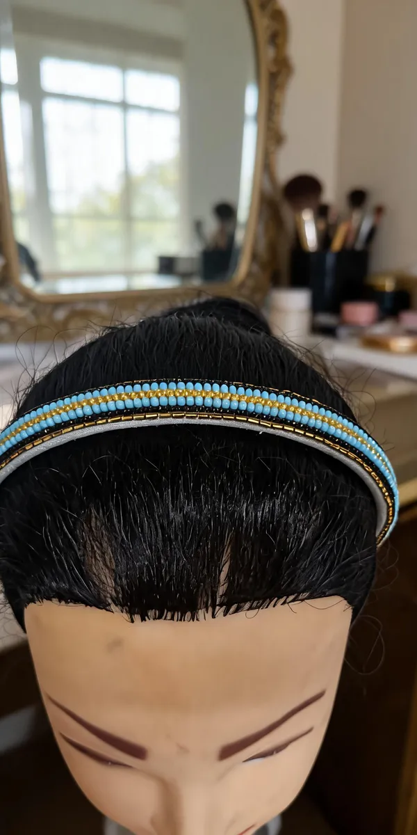 Blue_Gold_Beaded_Striped_Hairband_For_Women
