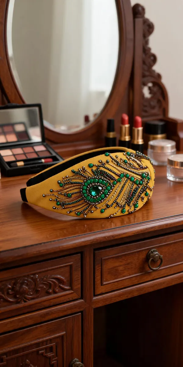Yellow_Cotton_Beaded_Peacock_Feather_Headband_For_Women