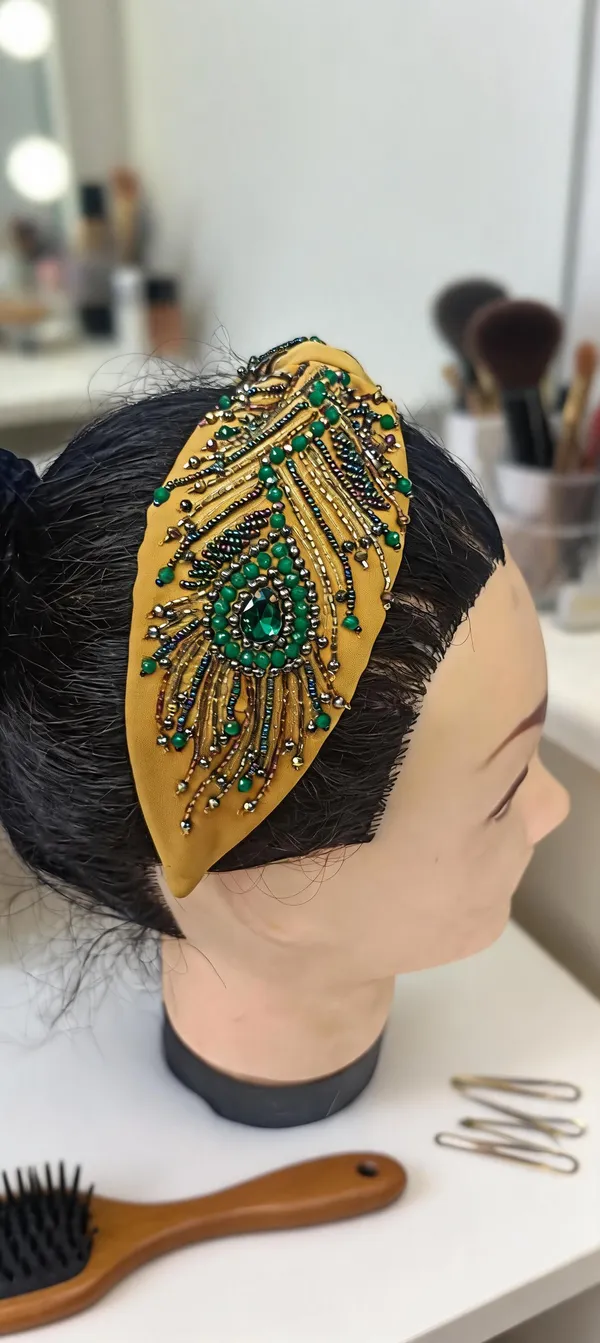 Yellow_Cotton_Beaded_Peacock_Feather_Headband_For_Women