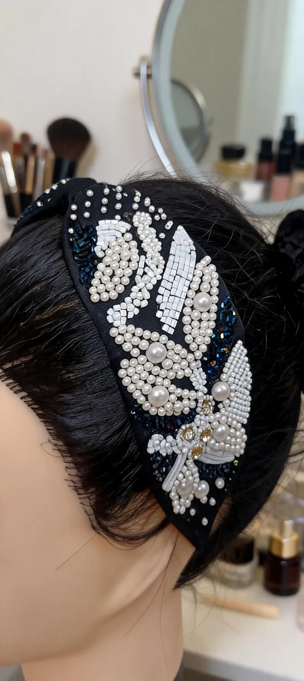 Black_Cotton_Pearl_Embellished_Leaf_Pattern_Hairband_For_Women