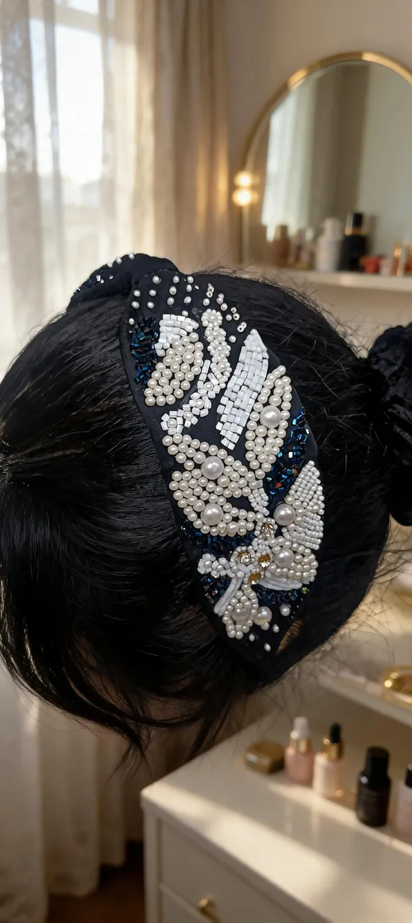 Black_Cotton_Pearl_Embellished_Leaf_Pattern_Hairband_For_Women