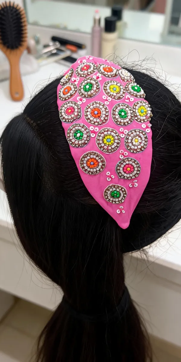 Pink_Cotton_Beaded_Floral_Knot_Headband_For_Women