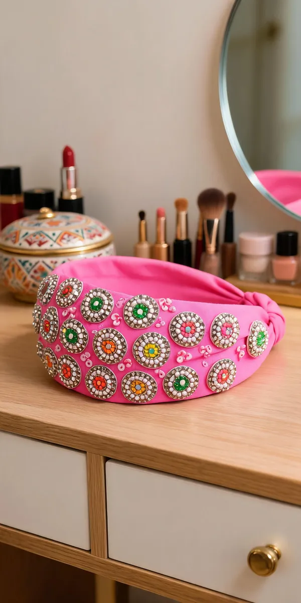 Pink_Cotton_Beaded_Floral_Knot_Headband_For_Women