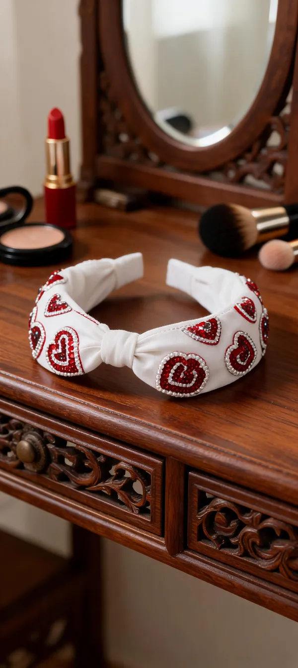 White_Cotton_Sequin_Heart_Embroidered_Knot_Headband_For_Women