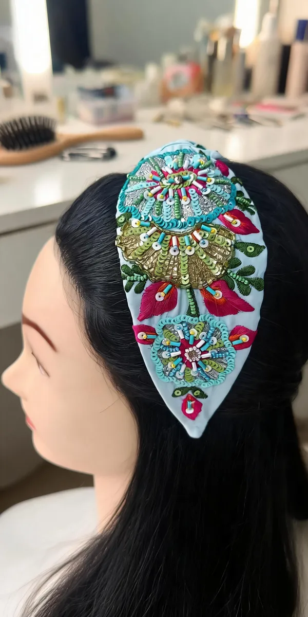 Sky_Blue_Cotton_Sequin_Floral_Embroidered_Knot_Headband_For_Women