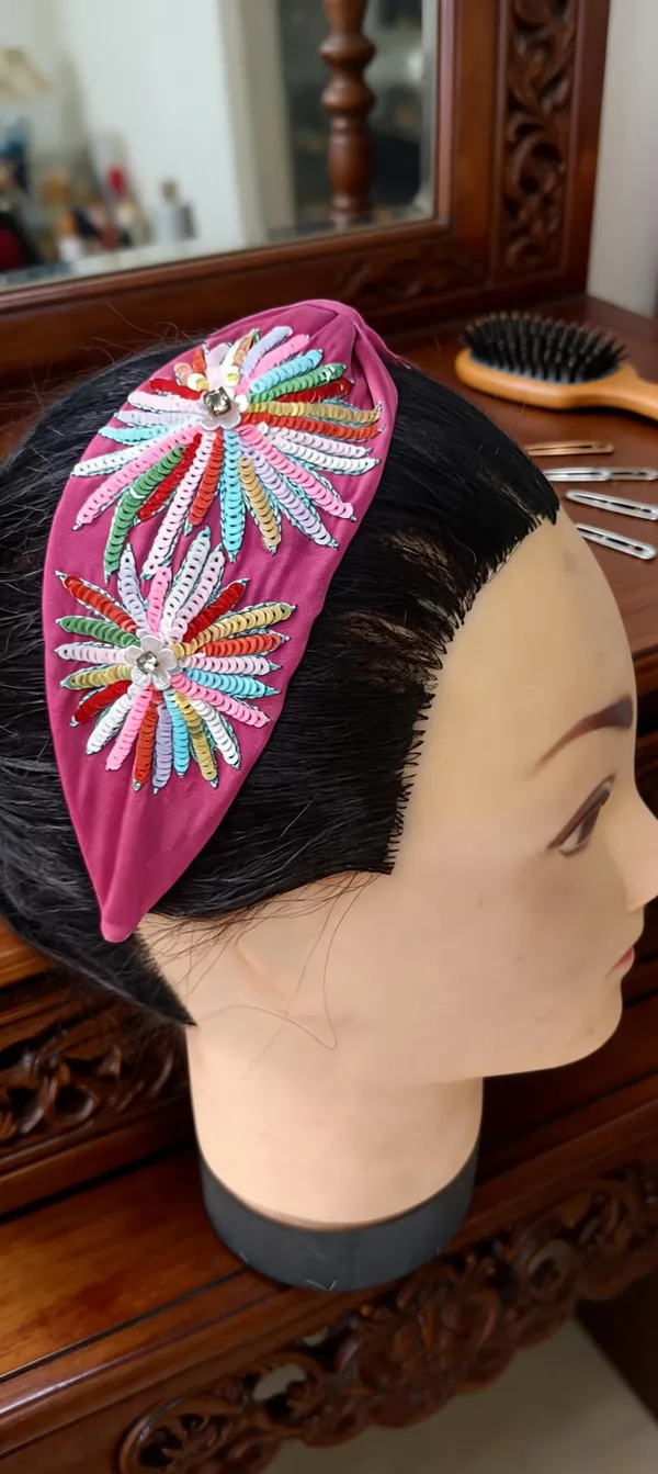 Pink_Cotton_Sequin_Floral_Knot_Headband_For_Women