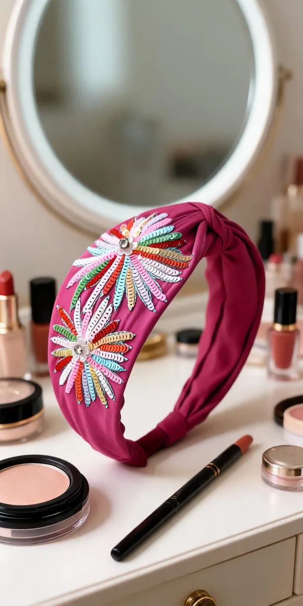 Pink_Cotton_Sequin_Floral_Knot_Headband_For_Women