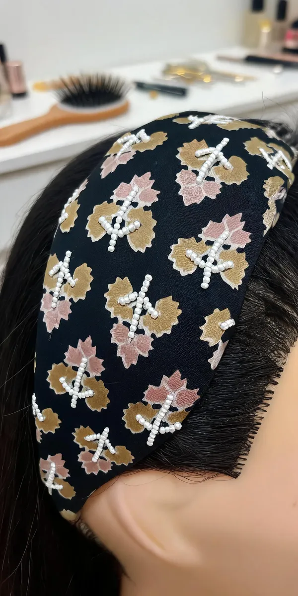 Black_Polyester_Floral_Print_Pearl_Knot_Headband_For_Women