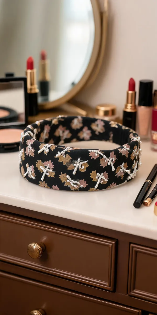 Black_Polyester_Floral_Print_Pearl_Knot_Headband_For_Women