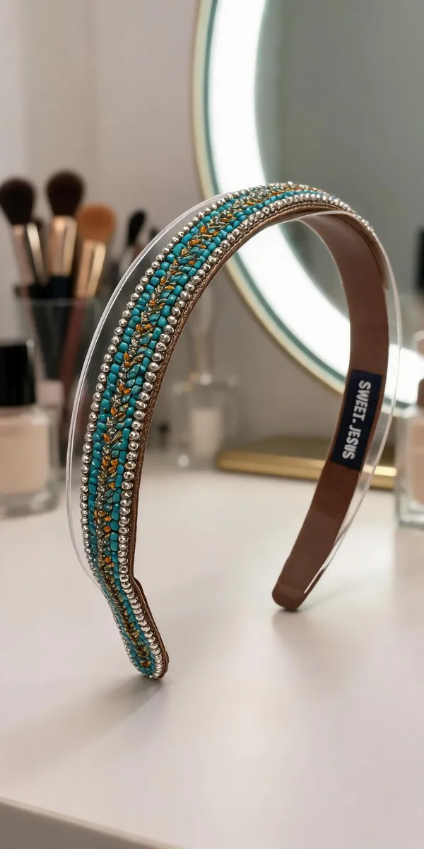Turquoise_Satin_Beaded_Hairband_For_Women