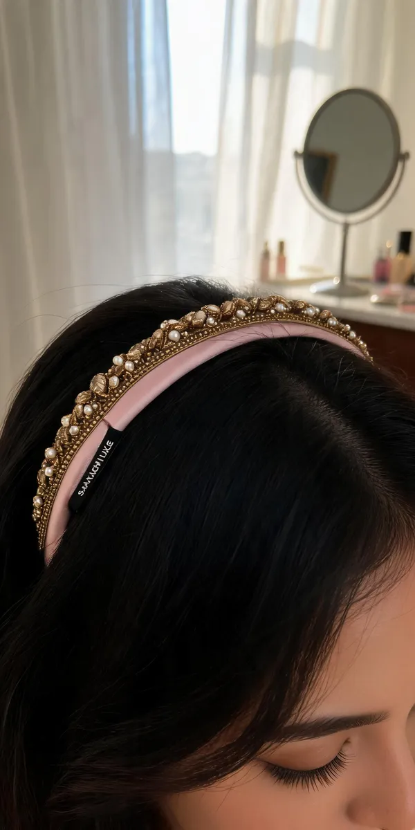 Gold_Satin_Beaded_Pearl_Leaf_Hairband_For_Women