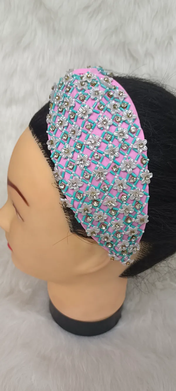 Pink_Satin_Beaded_Bow_Hairband_For_Women