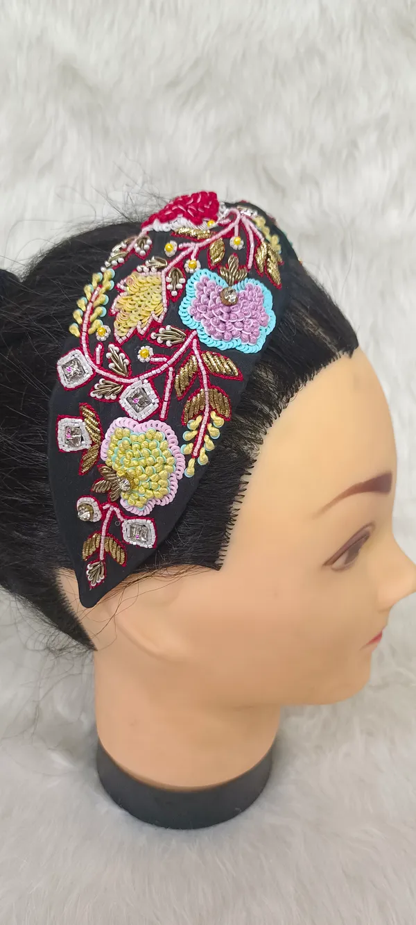 Black_Cotton_Floral_Beaded_Knot_Headband_For_Women