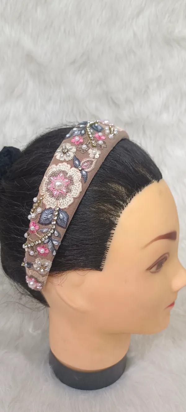 Beige_Cotton_Floral_Embroidered_Beaded_Padded_Headband_For_Women