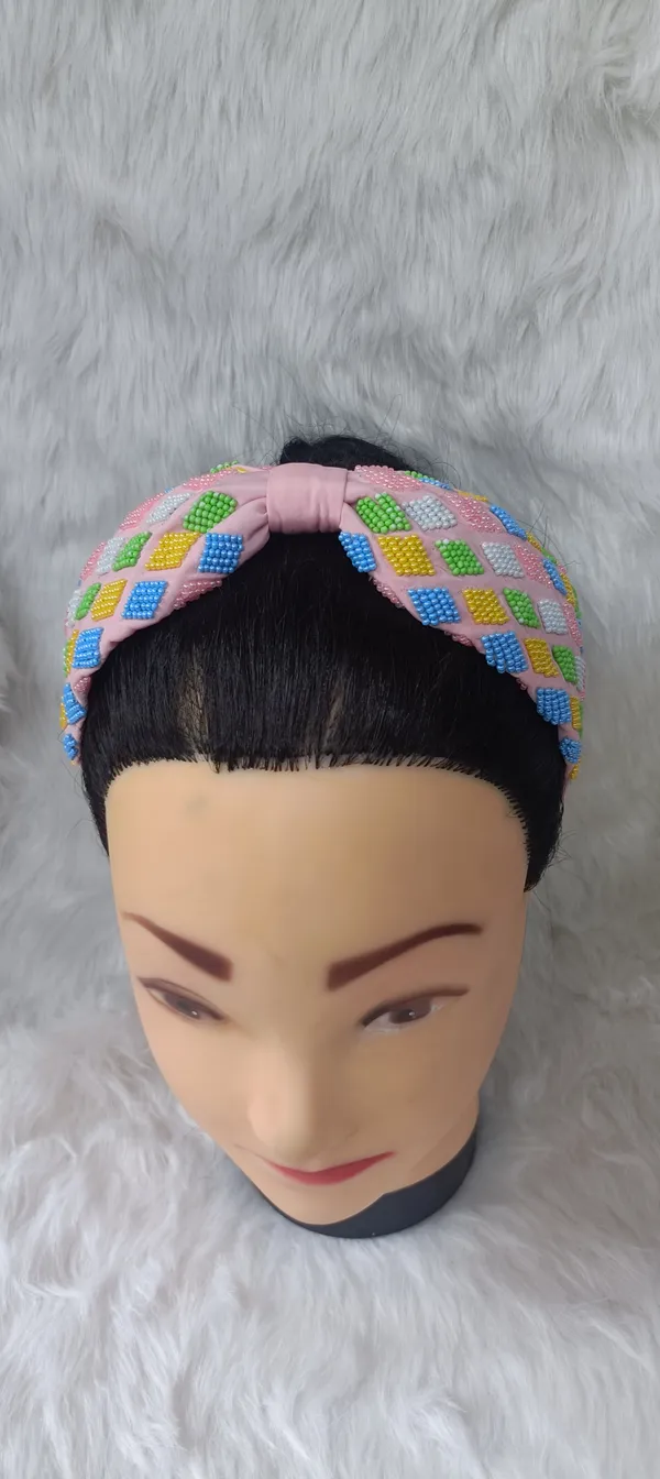 Pink_Beaded_Satin_Multicolor_Diamond_Knot_Headband_For_Women