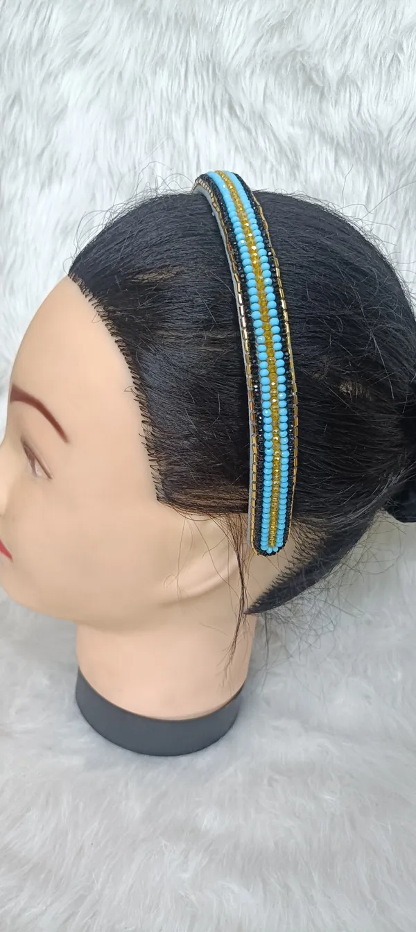 Blue_Gold_Beaded_Striped_Hairband_For_Women