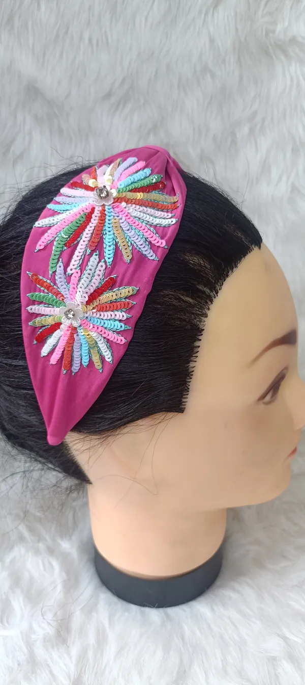 Pink_Cotton_Sequin_Floral_Knot_Headband_For_Women