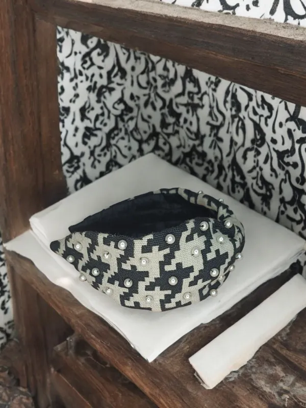 Black_White_Houndstooth_Polyester_Pearl_Knot_Headband_For_Women