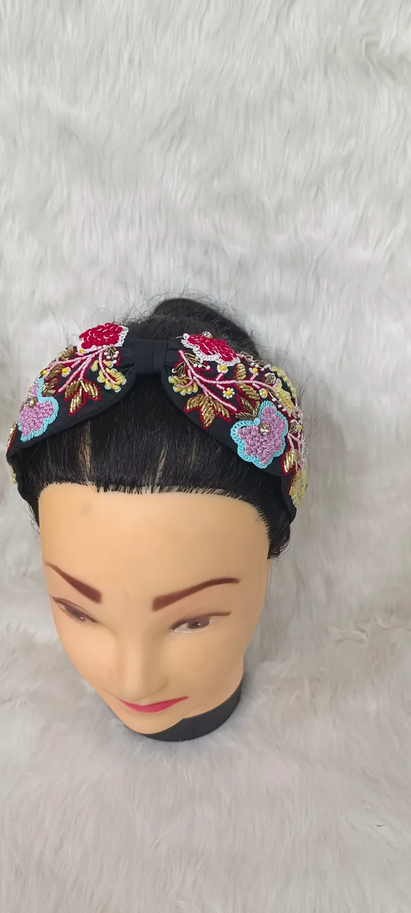 Black_Cotton_Floral_Beaded_Knot_Headband_For_Women