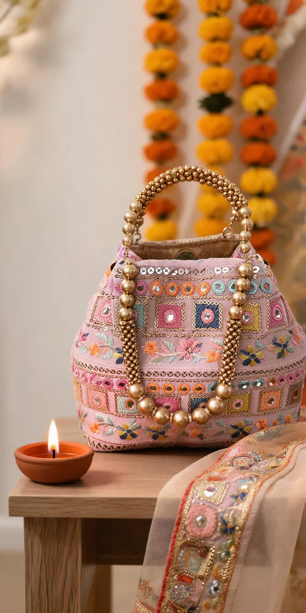 Pink_Cotton_Embroidered_Mirror_Work_Beaded_Handle_Potli_Handbag_For_Women