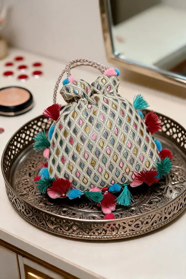 Grey_Cotton_Embroidered_Potli_Bag_With_Pom_Pom_Tassels_For_Women