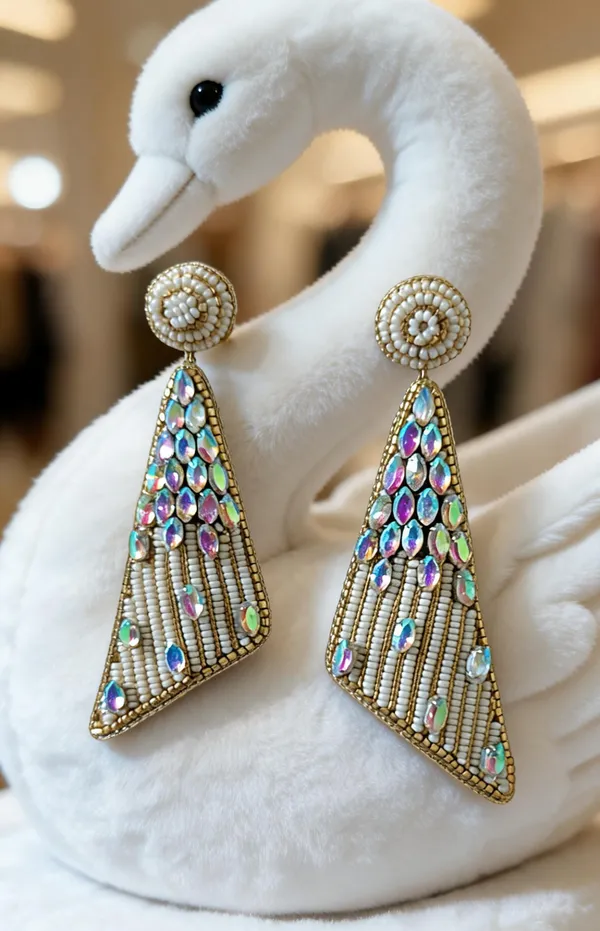 White_Beaded_Gold_Tone_Multicolor_Stone_Triangle_Drop_Earrings_For_Women