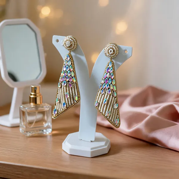White_Beaded_Gold_Tone_Multicolor_Stone_Triangle_Drop_Earrings_For_Women