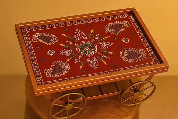 Hand_Painted_Decorative_Serving_Cart_Rajasthani_Folk_Art_Platter_On_Wheels