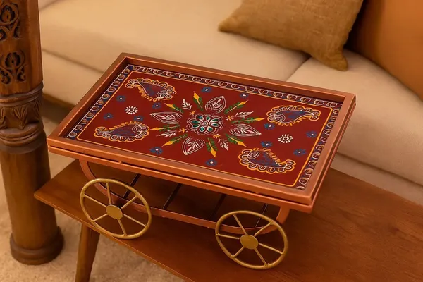 Hand_Painted_Decorative_Serving_Cart_Rajasthani_Folk_Art_Platter_On_Wheels