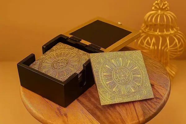 Handcrafted_Brass_Embossed_Coaster_Set_Indian_Mandala_Art_Wooden_Tea_Coasters_With_Holder