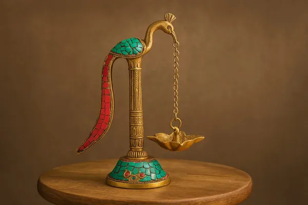 Handcrafted_Metal_Peacock_Diya_With_Mosaic_Stone_Inlay_Traditional_Indian_Oil_Lamp_For_Diwali_Home_Decor_Artisan_Metal_Work_With_Turquoise_Red_Stones