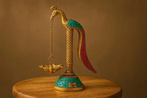 Handcrafted_Metal_Peacock_Diya_With_Mosaic_Stone_Inlay_Traditional_Indian_Oil_Lamp_For_Diwali_Home_Decor_Artisan_Metal_Work_With_Turquoise_Red_Stones