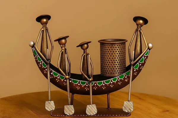 Handcrafted_Metal_Boat_Desk_Organizer_With_Tribal_Rowers_Pen_Brush_Holder_Ethnic_Tabletop_Art_For_Office_Or_Home_Decor