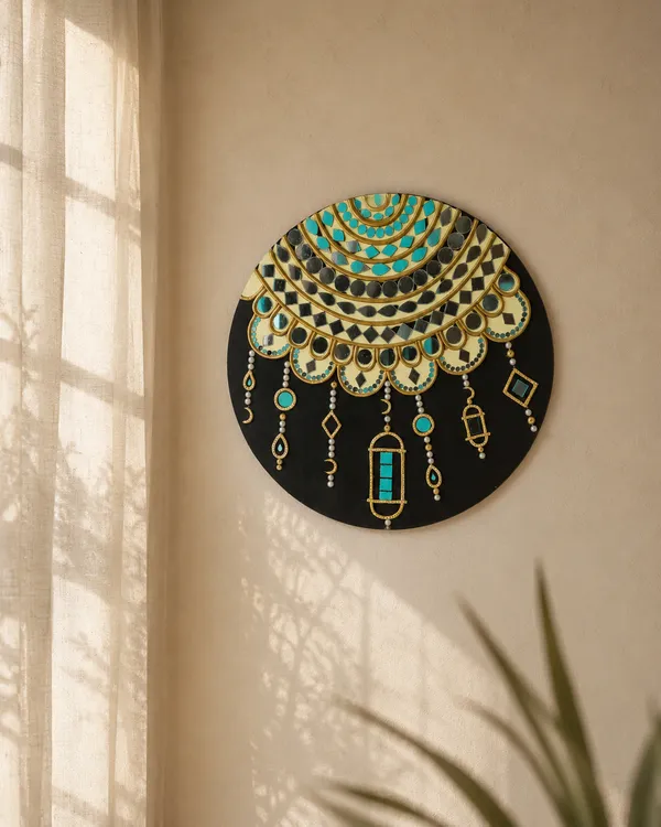Handcrafted_Luxury_Jharokha_Archway_Lippan_Art_Wall_Hanging_16_Inch_Mdf_Base_Premium_Gold_Turquoise_Mud_Mirror_Work